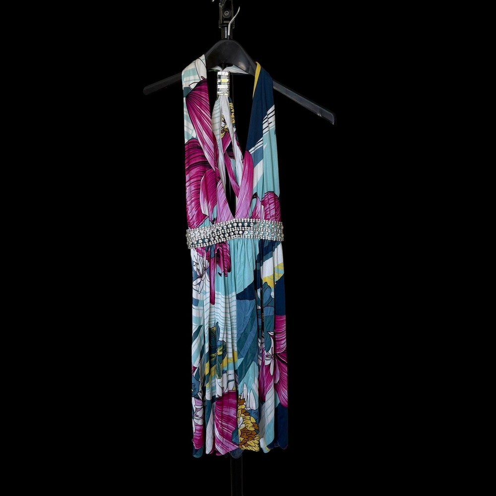 Y2K Sky Tropical Floral Rhinestone Halter Mini Dress Blue Pink Green Deep V-Neck